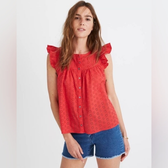 🍒 Madewell Red Eyelet Ruffle-Sleeve Bib Top . Size XXS - Picture 15 of 16